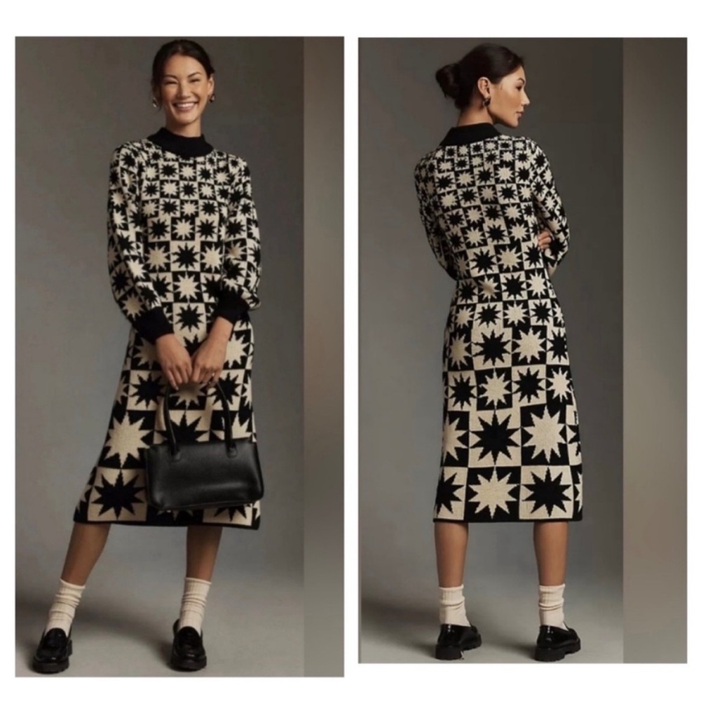 NWT Farm Rio Anthropologie Long-Sleeve Mock-Neck A-Line Midi Dress